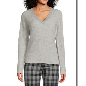 Amicale Cashmere Womens XL Gray Ribbed V-Neck Sweater 100% Cashmere NWT